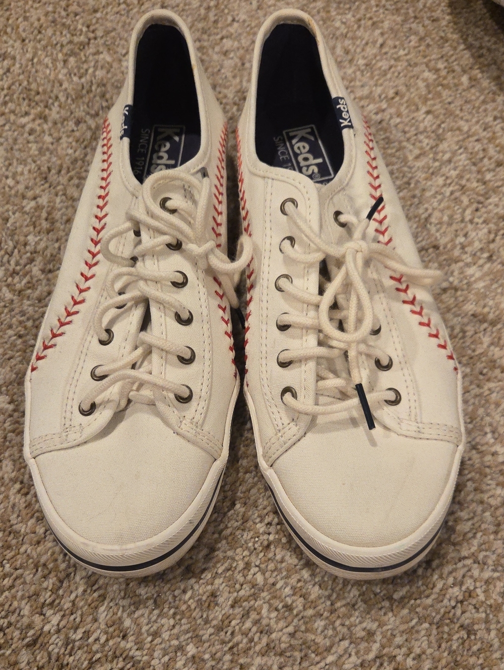 Keds Women’s Cream Canvas Sneakers with Red Stitching